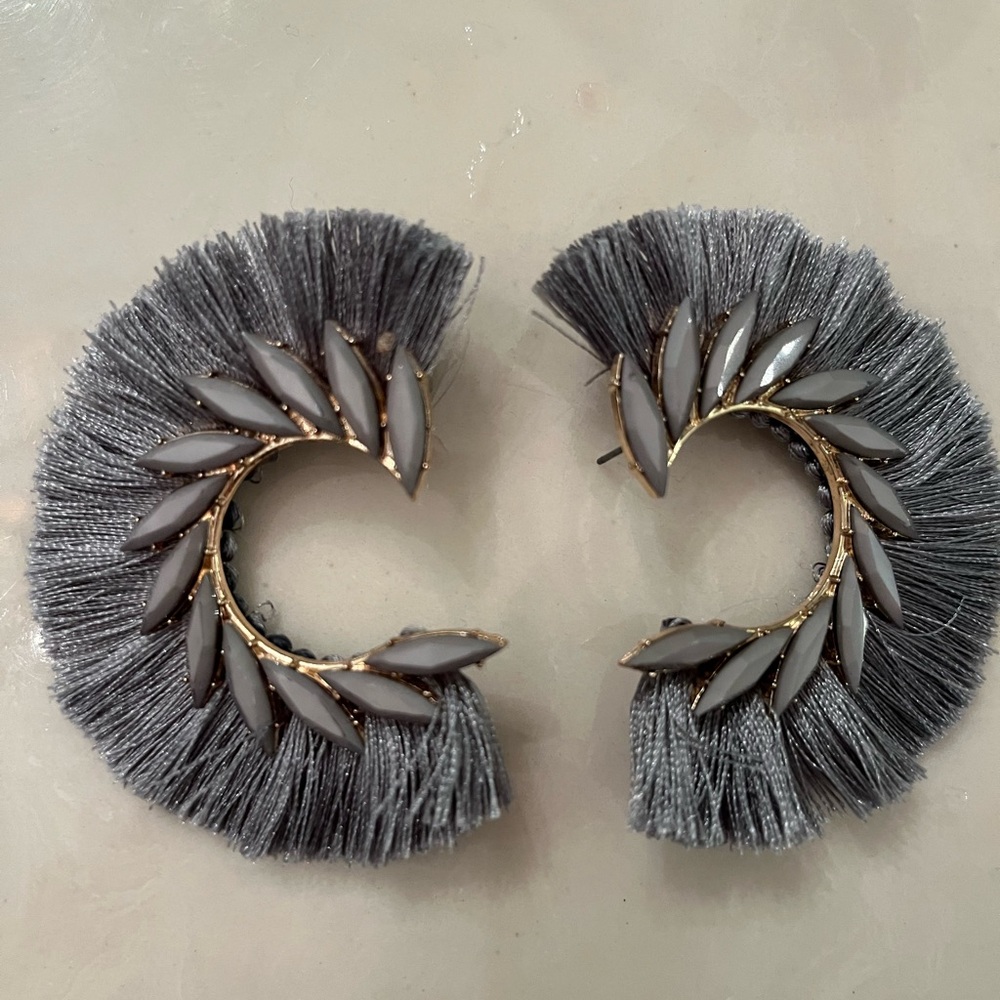 Gray Ostrich Beaded Fringe Earrings